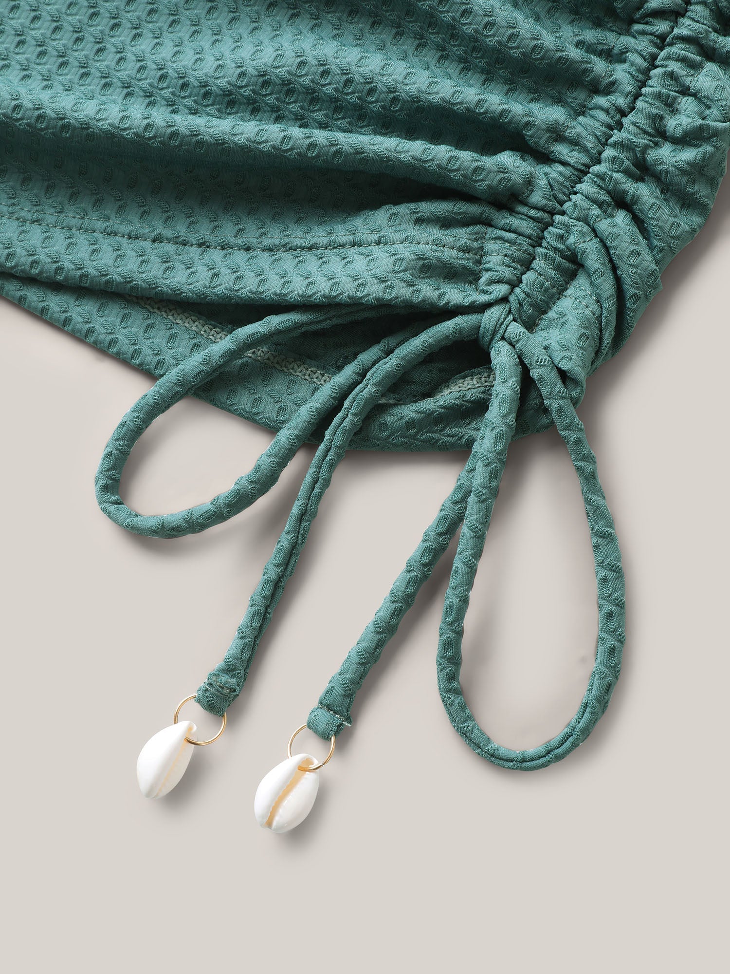 Textured Side Drawstrings U-Neck Swim Top