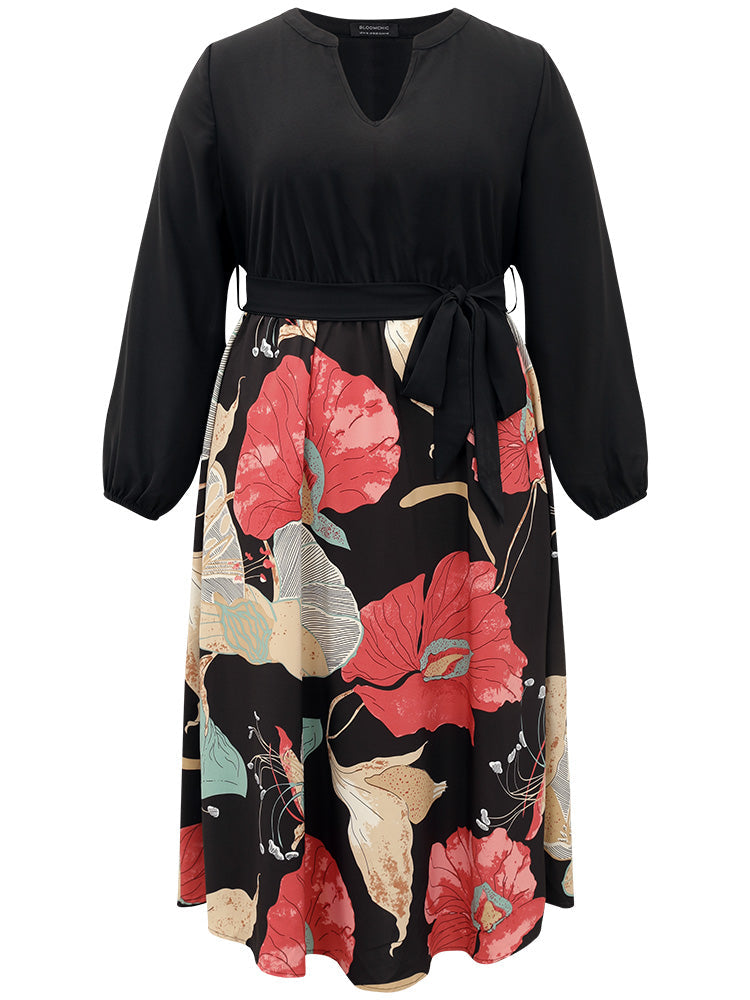 Floral Print Patchwork Notched Belted Dress