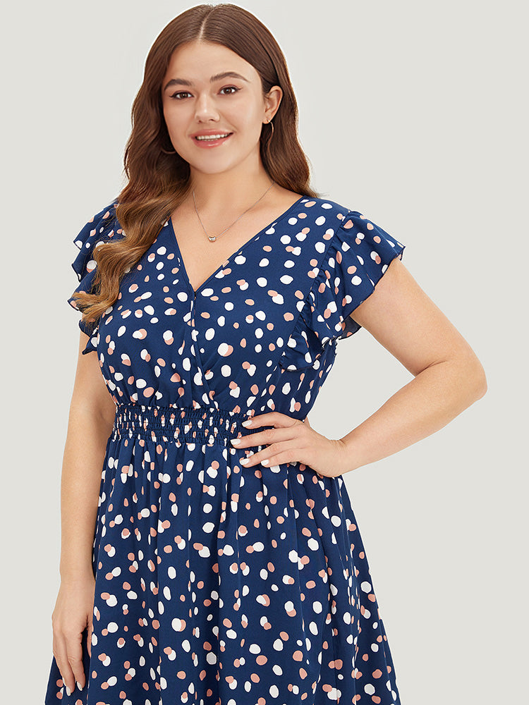 Allover Print Pocket Wrap Flutter Cap Sleeve Dress