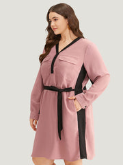 Twill Two Tone Metal Button Up Belted Dress