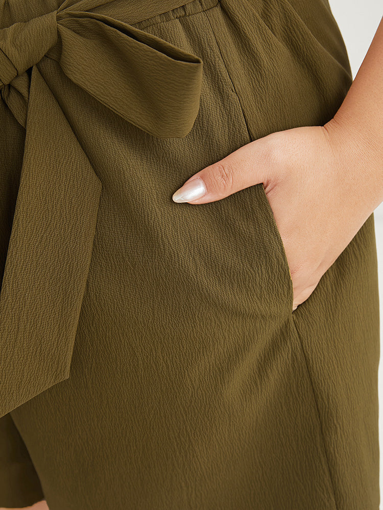 Solid Belted Pocket Scalloped Trim  Tiered Shorts