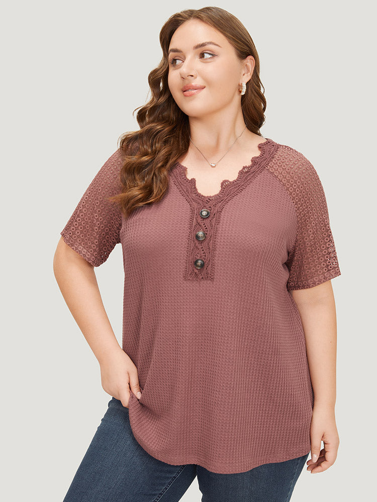 Plain Contrast Lace Raglan Sleeve Button Detail T-shirt