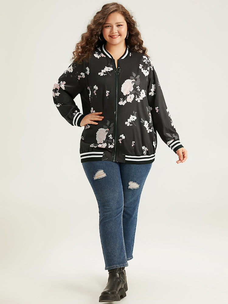 Floral Contrast Trim O Ring Zipper Jacket