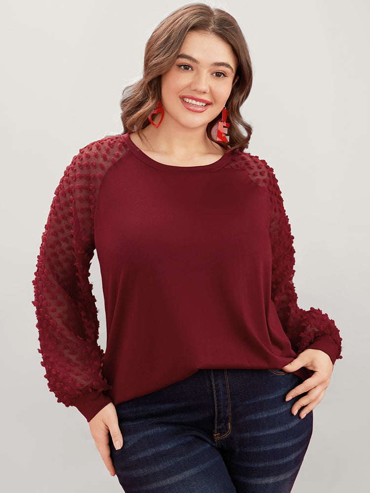 Solid Mesh Patchwork Embroidered Round Neck Long Tee