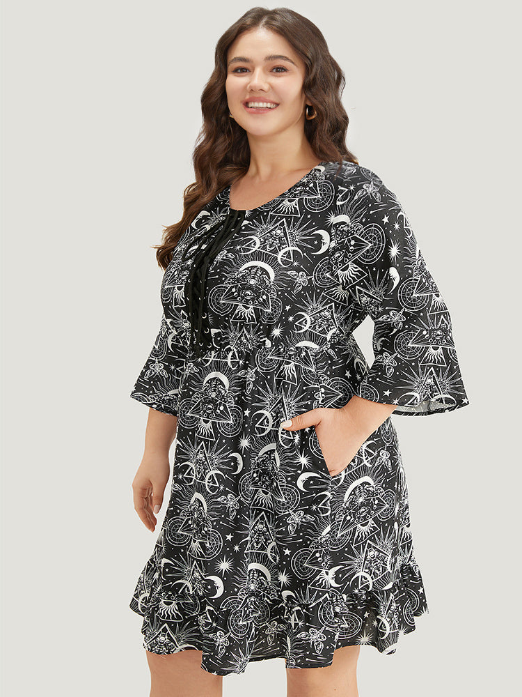 Halloween Moon & Star Lace Up Pocket Bell Sleeve Dress