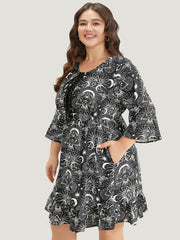 Halloween Moon & Star Lace Up Pocket Bell Sleeve Dress