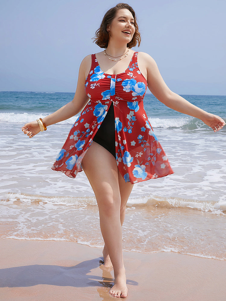 Floral Print Split Front Ruched A Line Swim Dress