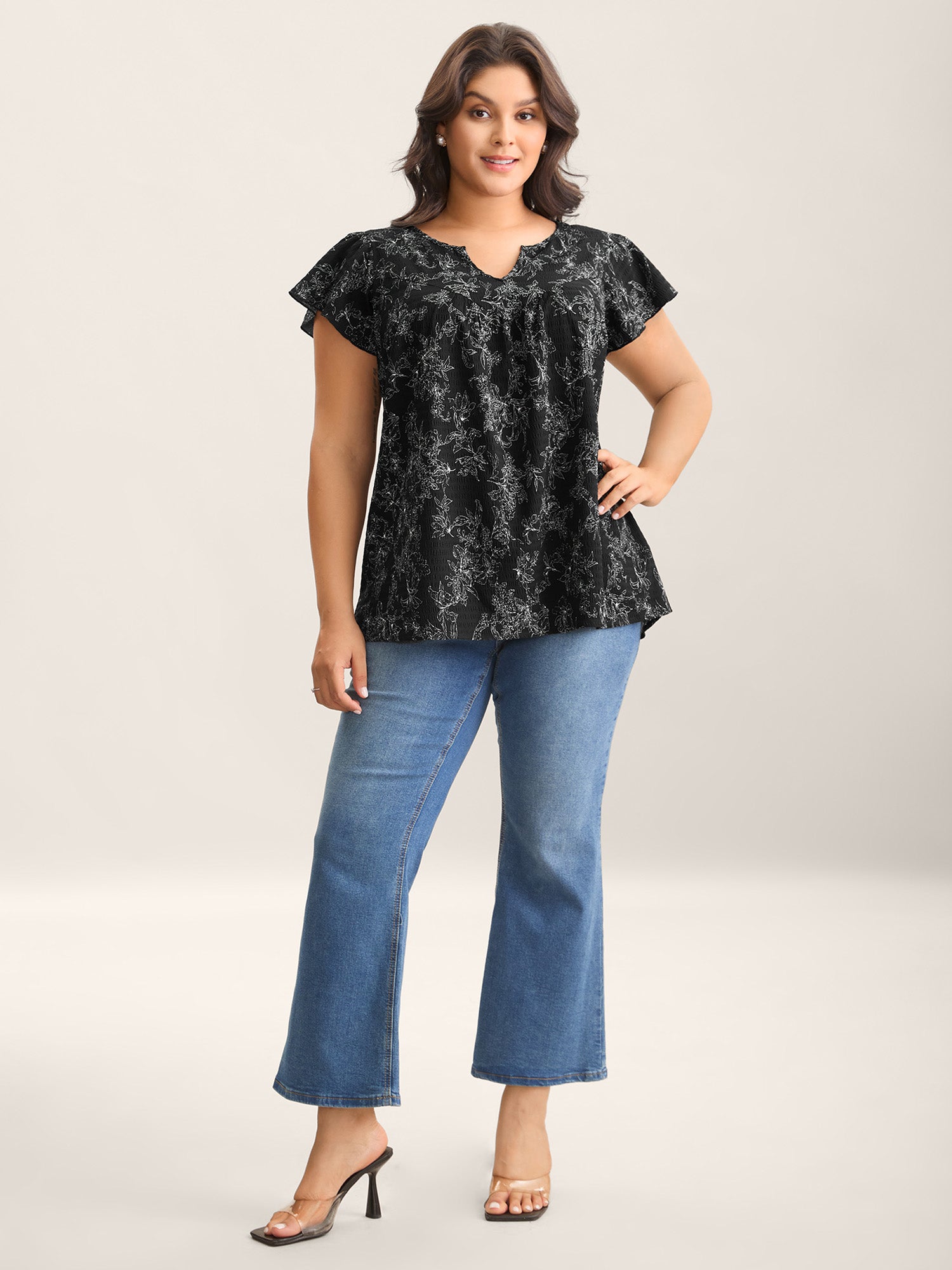 Silhouette Floral Print Flutter Sleeve Blouse