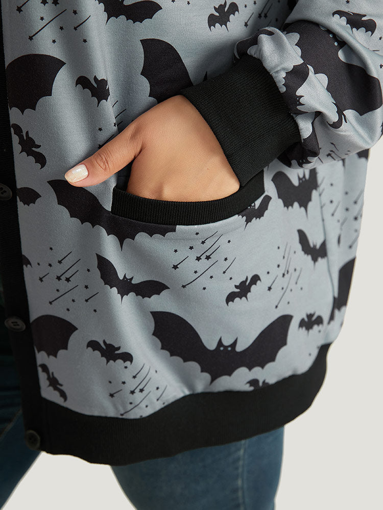 Halloween Bat Print Pocket Button Up Rib Knit Coat