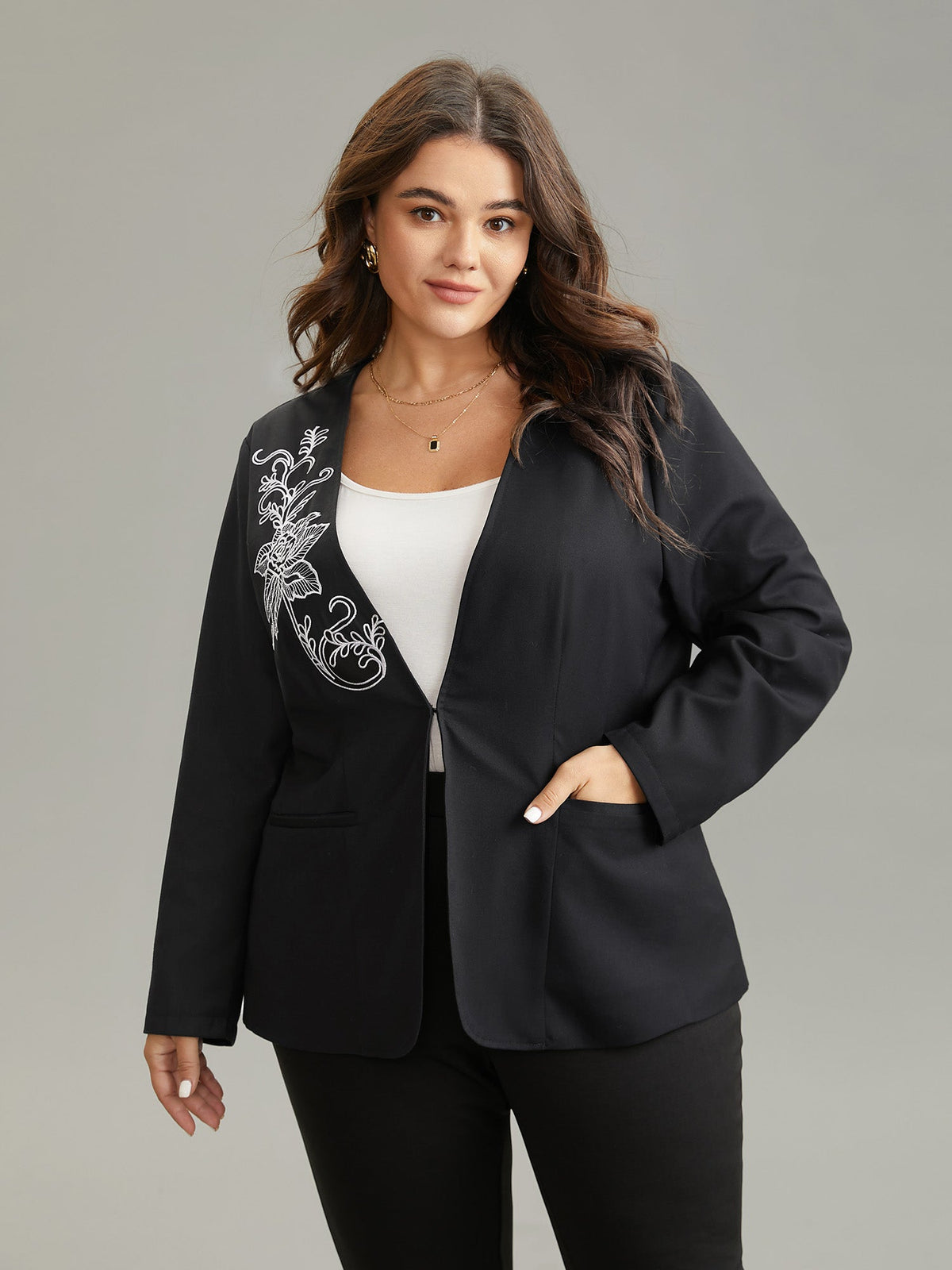 Floral Embroidered Hook Buckle Pocket Blazer