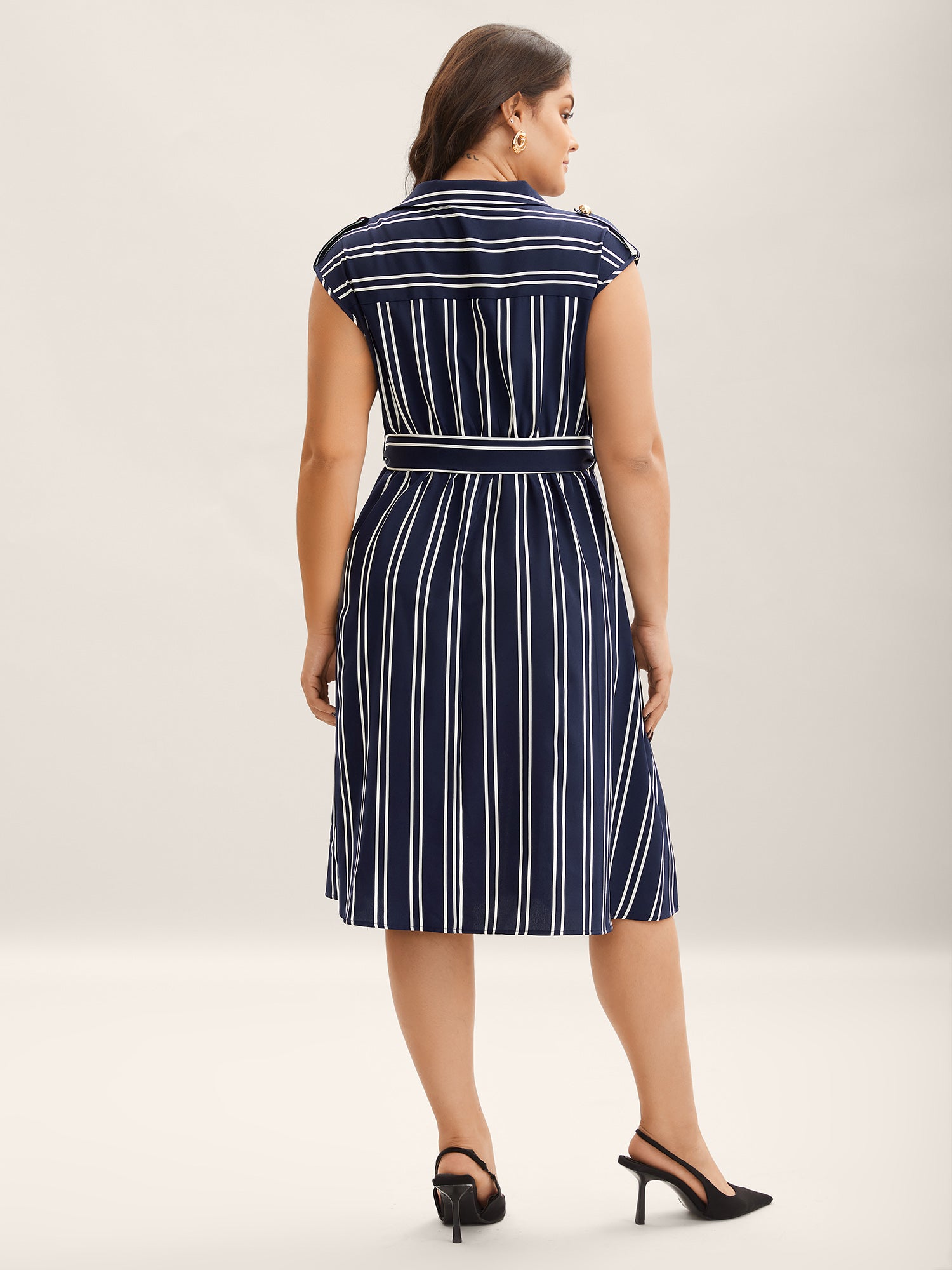 Stripe Print Zipper Belted Midi Dress