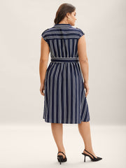 Stripe Print Zipper Belted Midi Dress