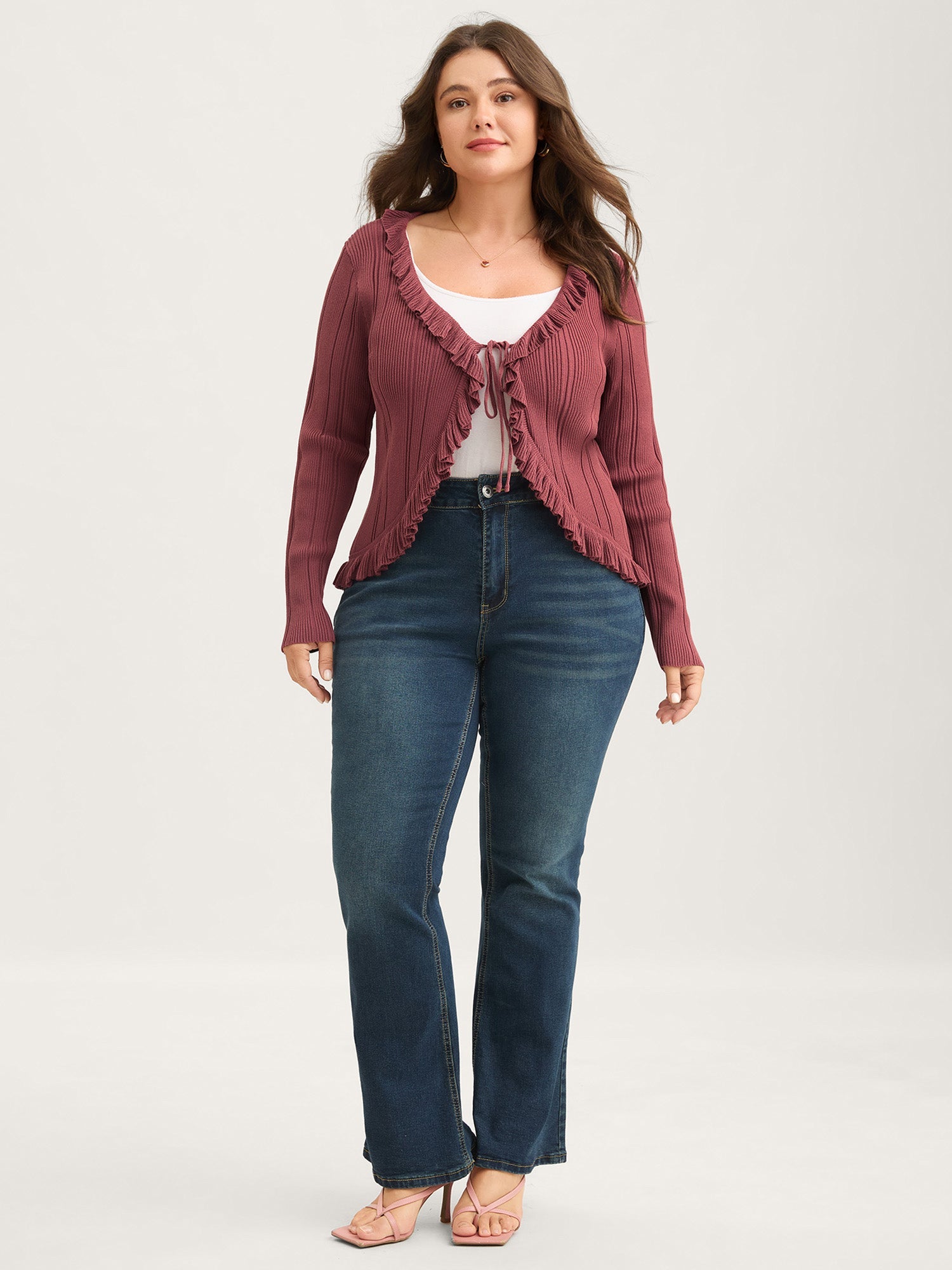 Ruffled Edged Front Tie Knit Cardigan