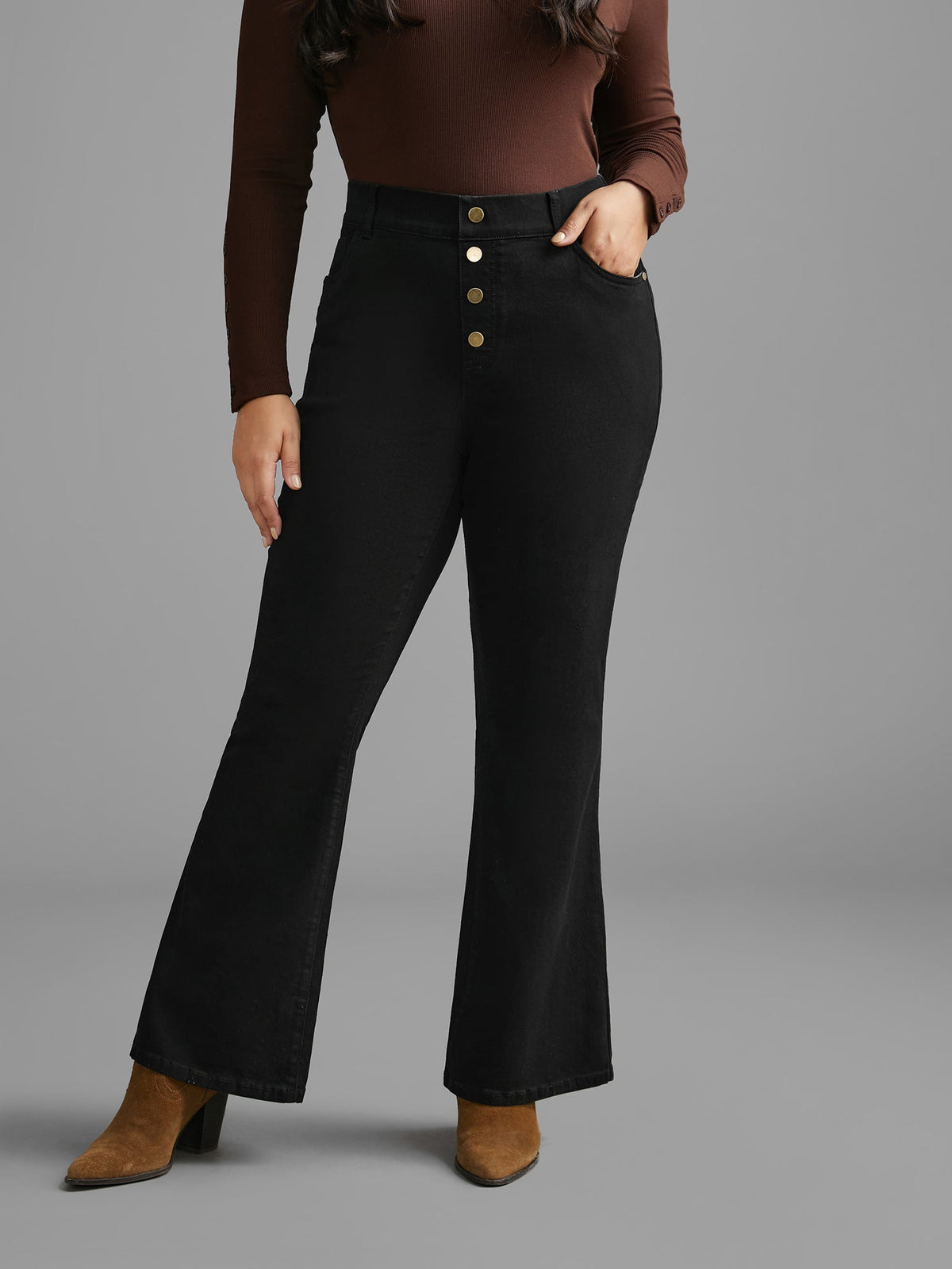 Black Wash Buckle Detail Bootcut Jeans