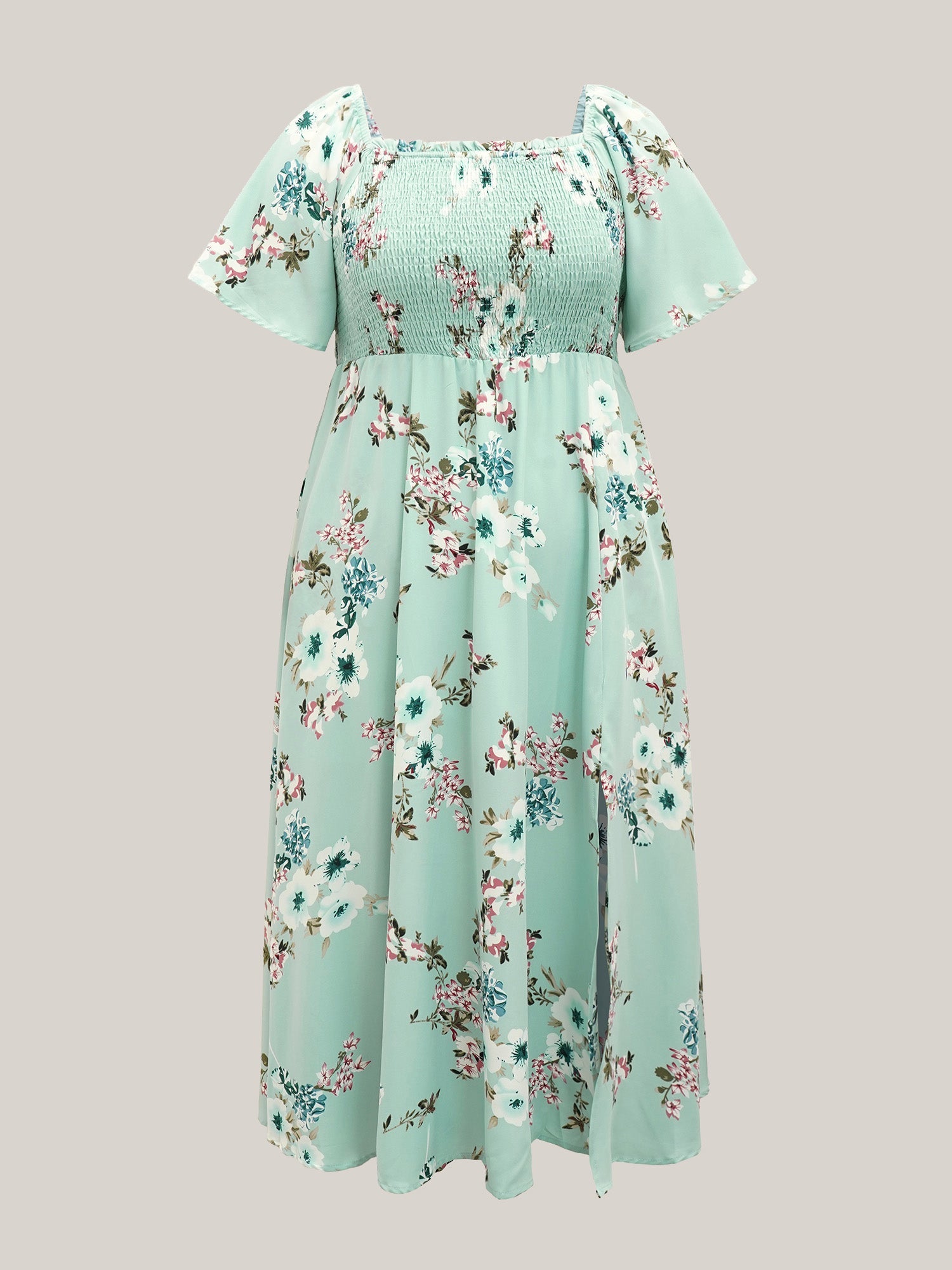 Floral Square Neck Ruffles Pocket Shirred Split Dress