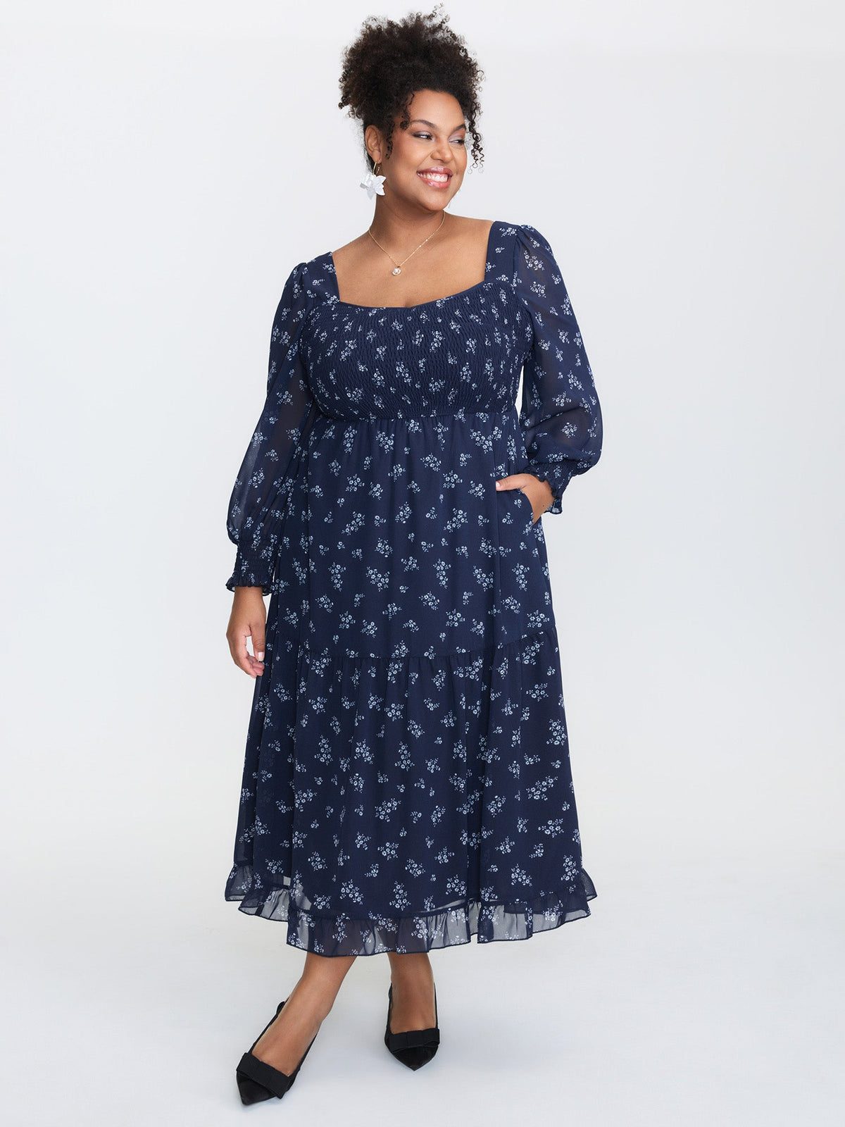 Floral Print Shirred Bodice Sheer Midi Dress