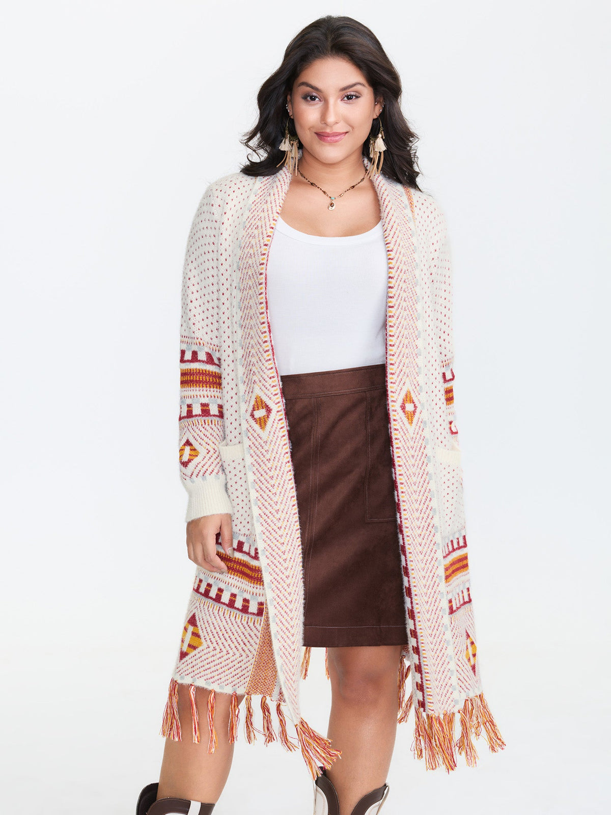 Boho Pattern Tassels Fluffy Texture Knit Cardigan