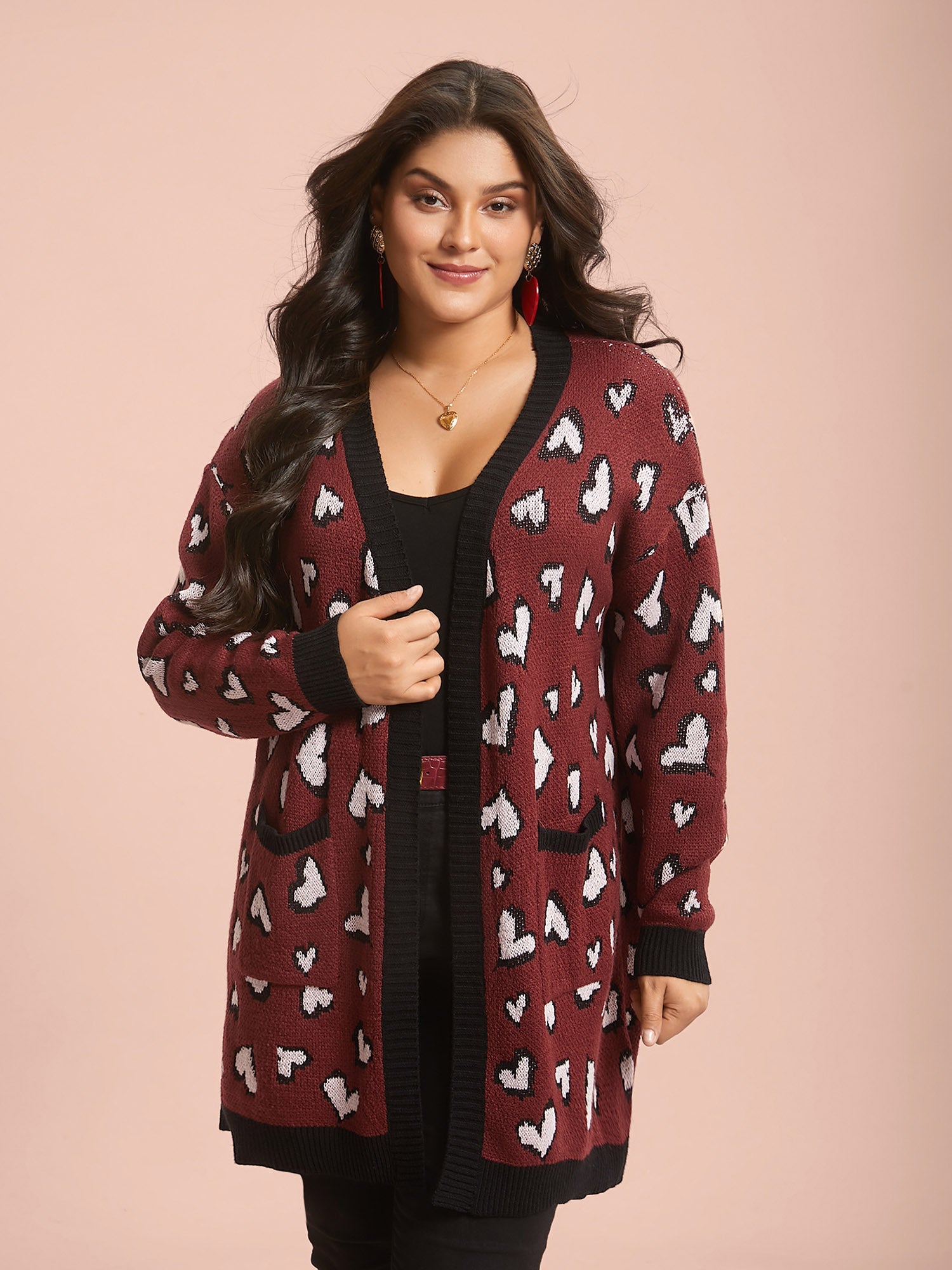 Hearts All Over Open Front Contrast Cardigan