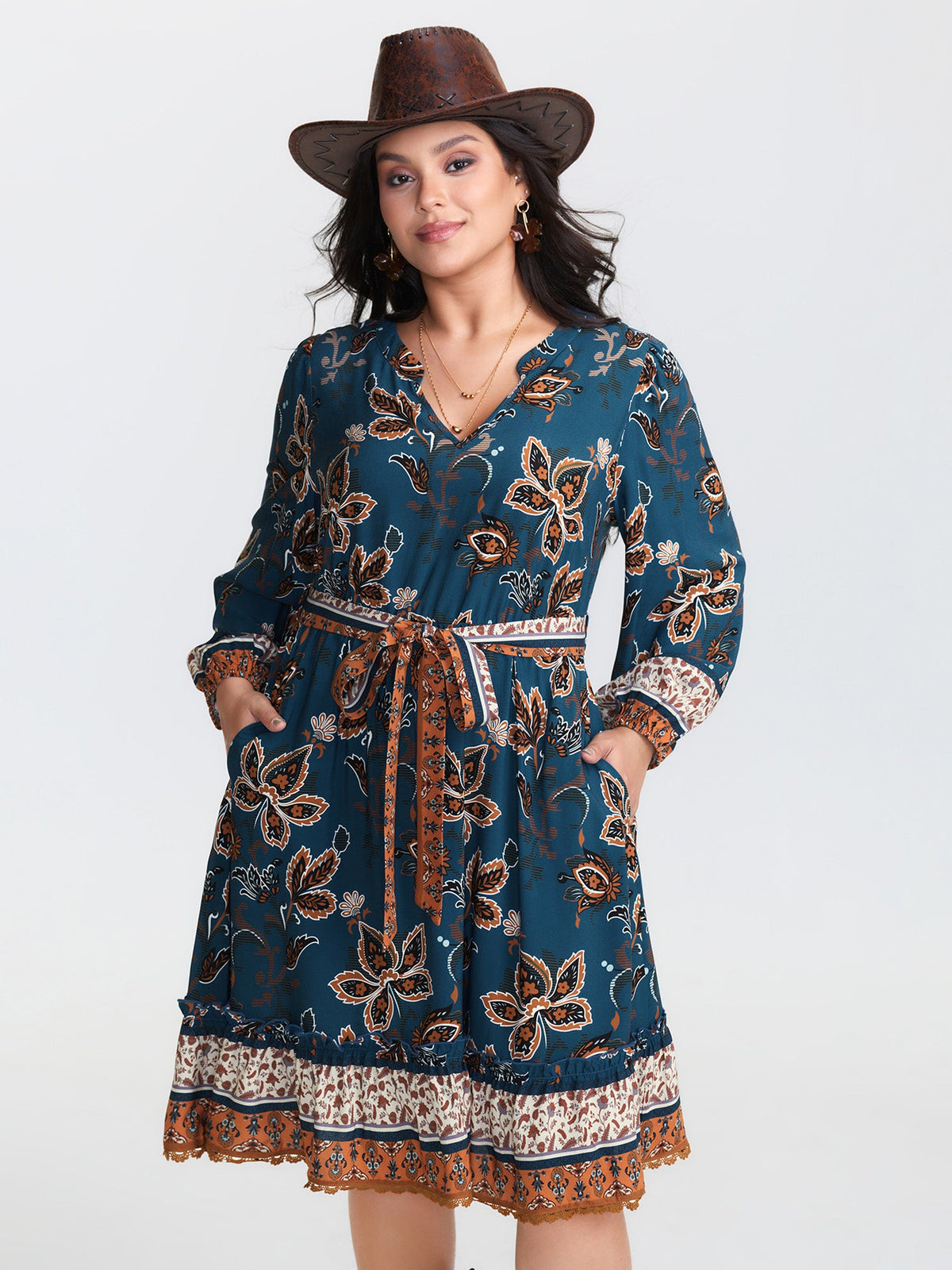 Floral Print Pockets Belted Waist Midi Dress