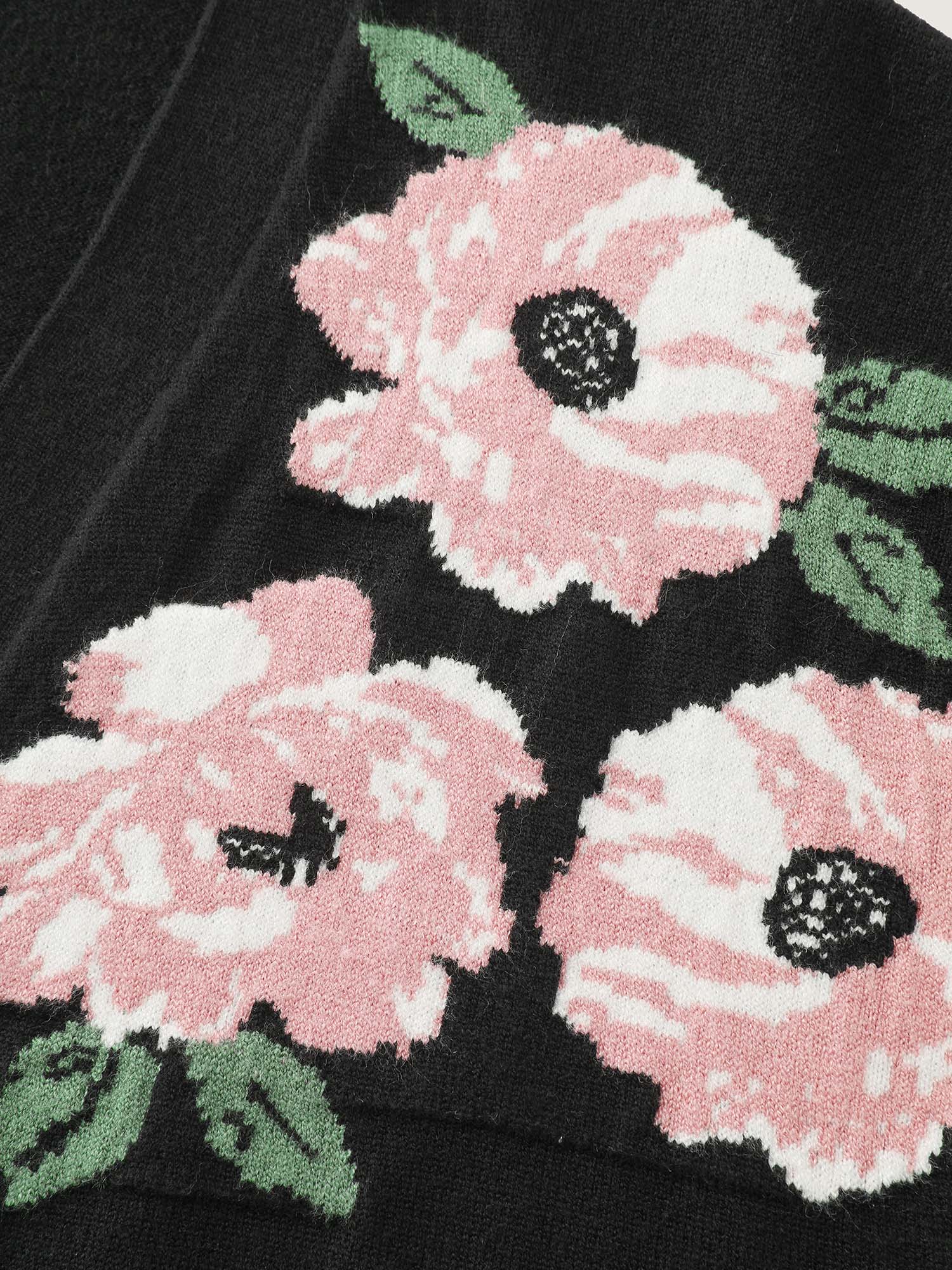 Floral Jacquard Pattern Pockets Knit Cardigan