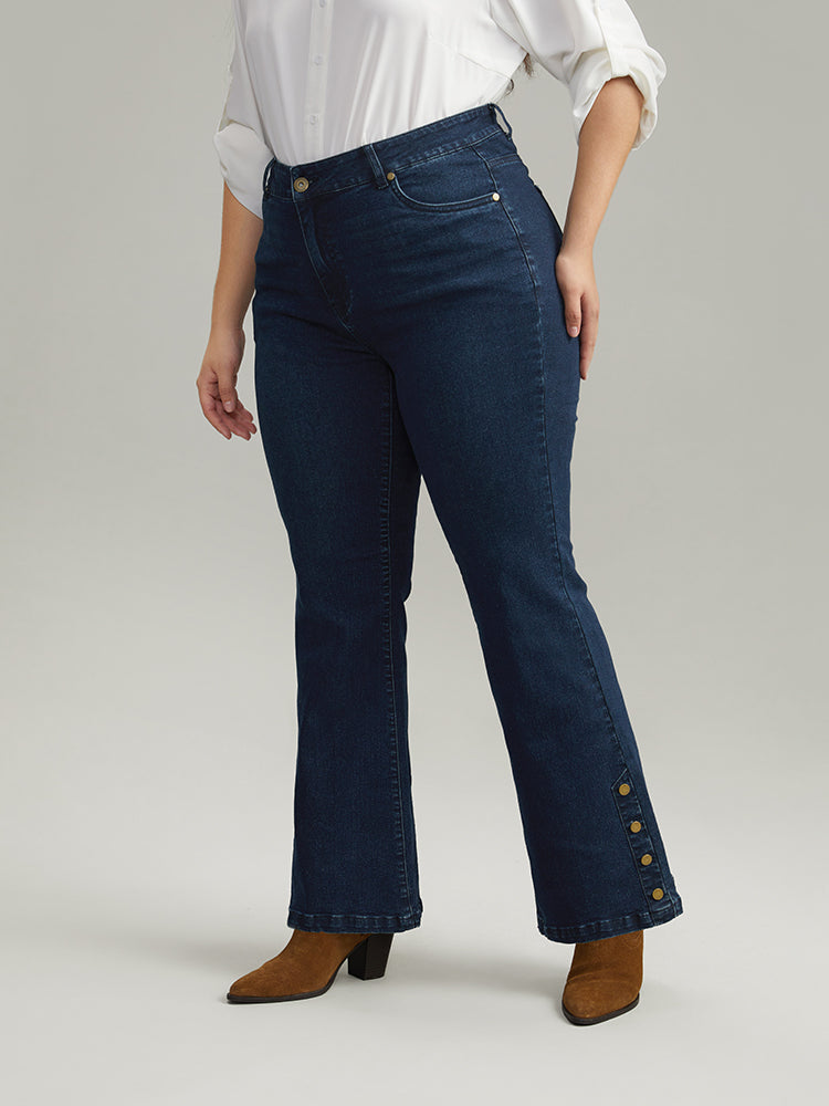 Plain Button Detail Flare Leg Full Length Jeans