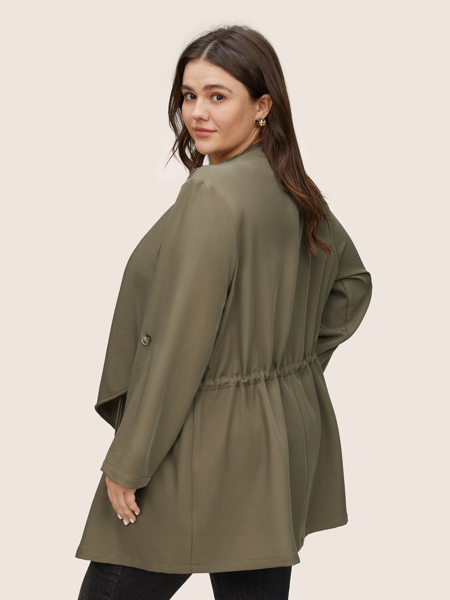 Solid Drawstring Asymmetrical Neck Tab Sleeve Jacket