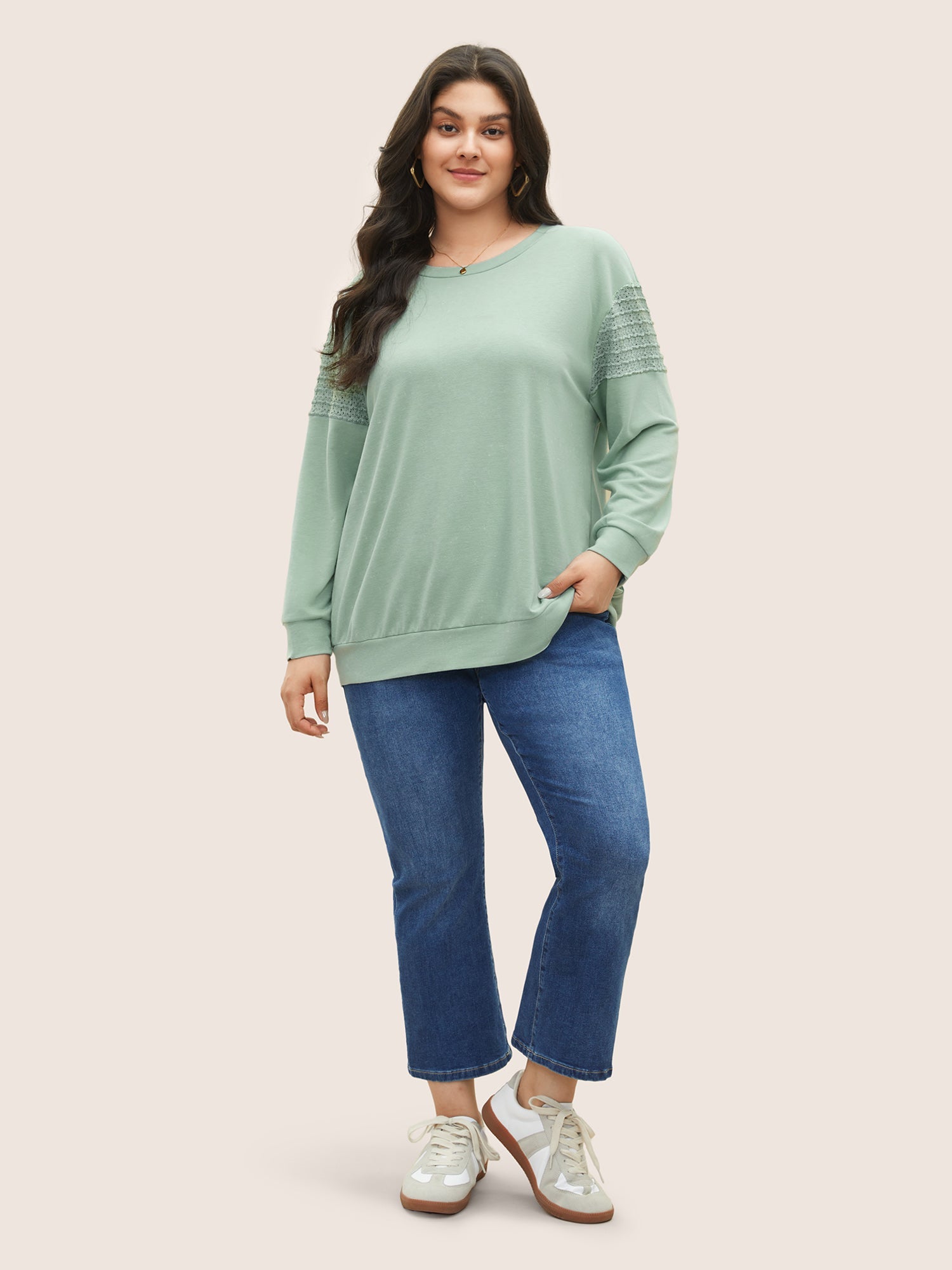 Solid Lace Panel Drop Shoulder Sweatshirt