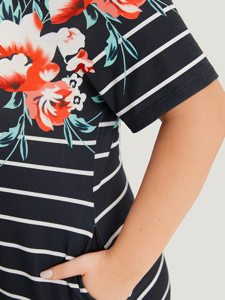 Floral & Striped Print Pocket V Neck Dress