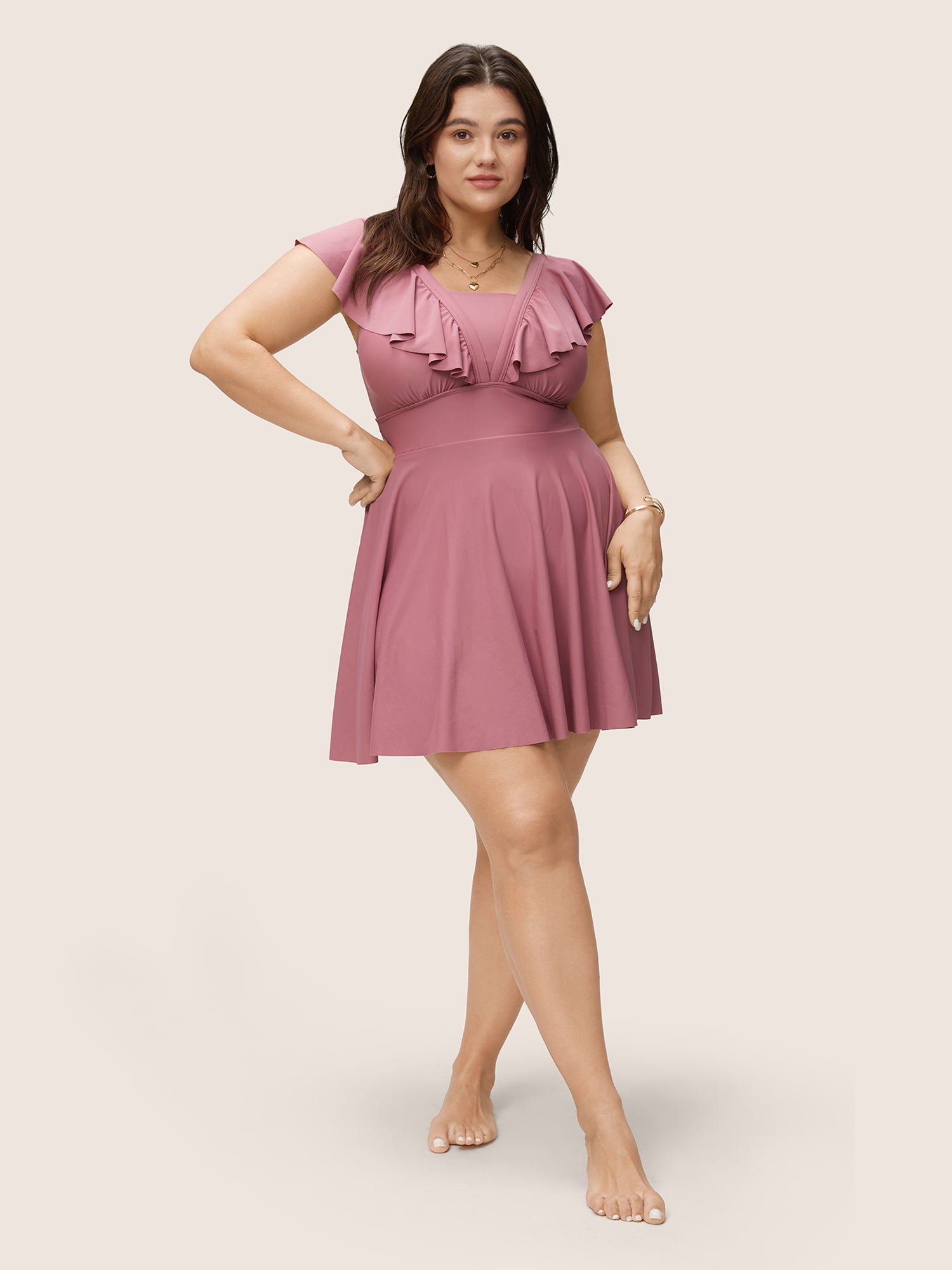 Solid Flutter Trim A Line Swim Dress