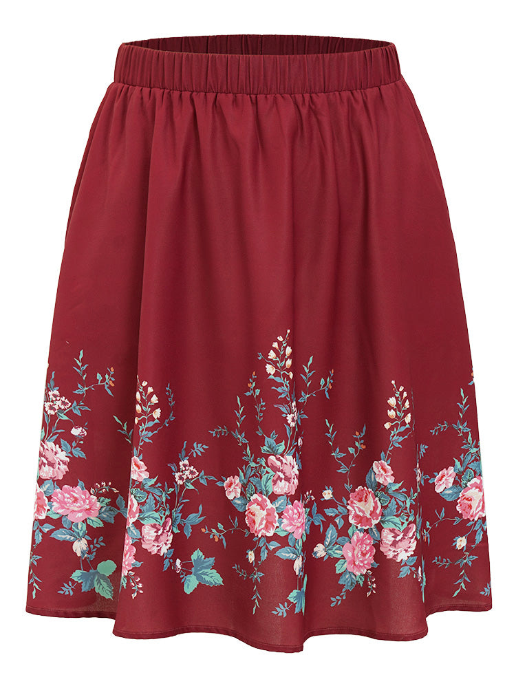 Floral Print Pocket Flutter Hem Skirt