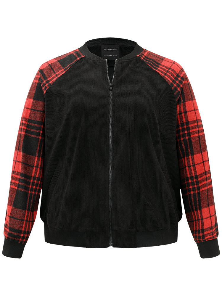 Plaid Patchwork Zipper Pocket Bomber Jacket