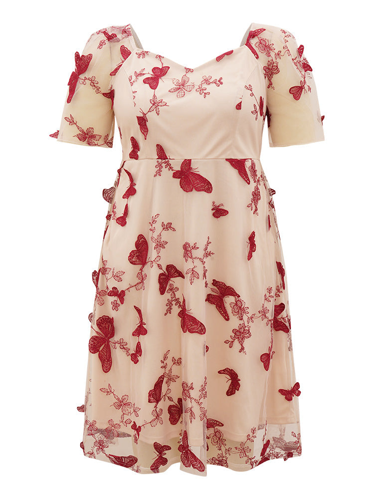 Silhouette Floral Print Mesh Puff Sleeve Dress