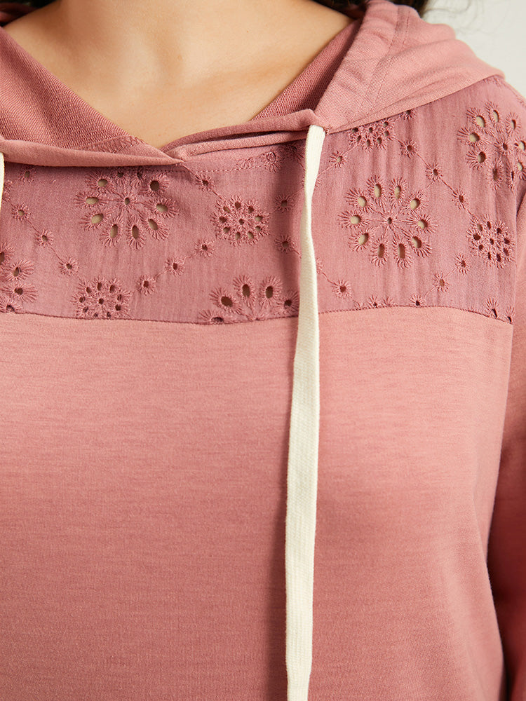Solid Hooded Drawstring Broderie Anglaise Sweatshirt