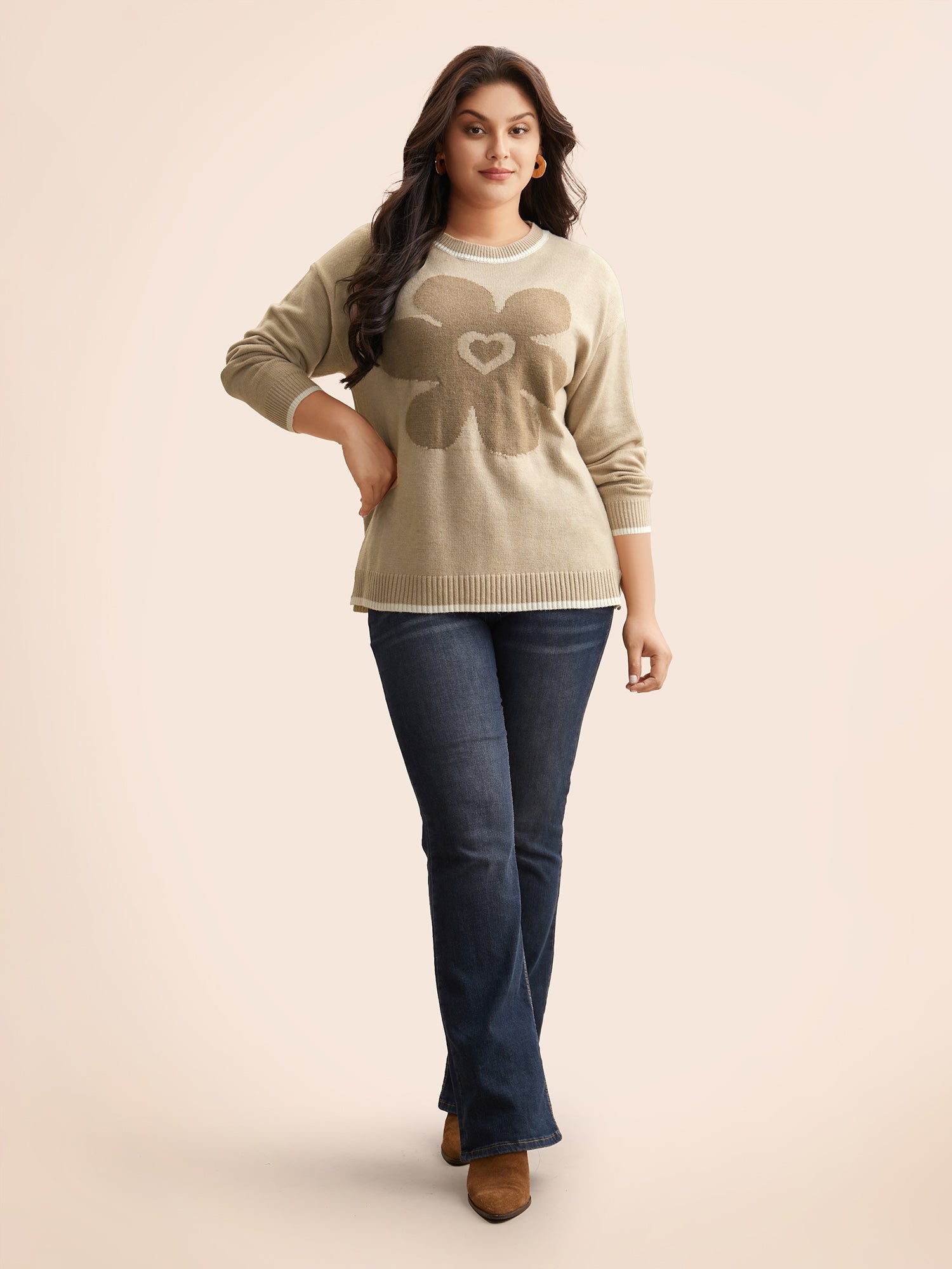 Floral Jacquard Contrast Trim Slit Hem Pullover