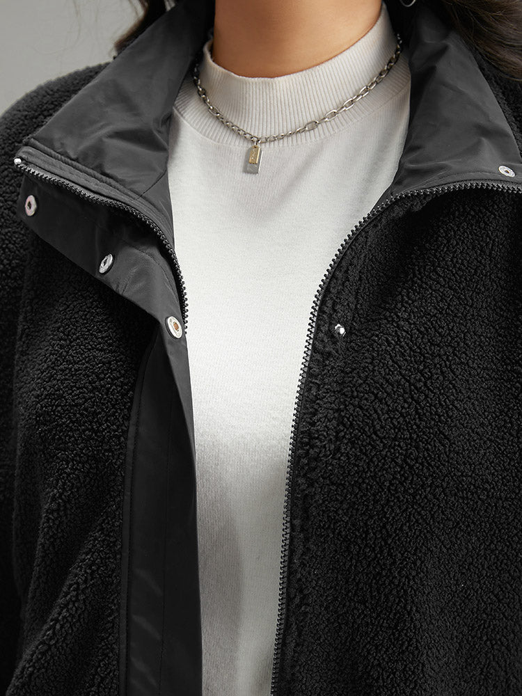 Solid Patchwork Button Up Pocket Zipper Jacket