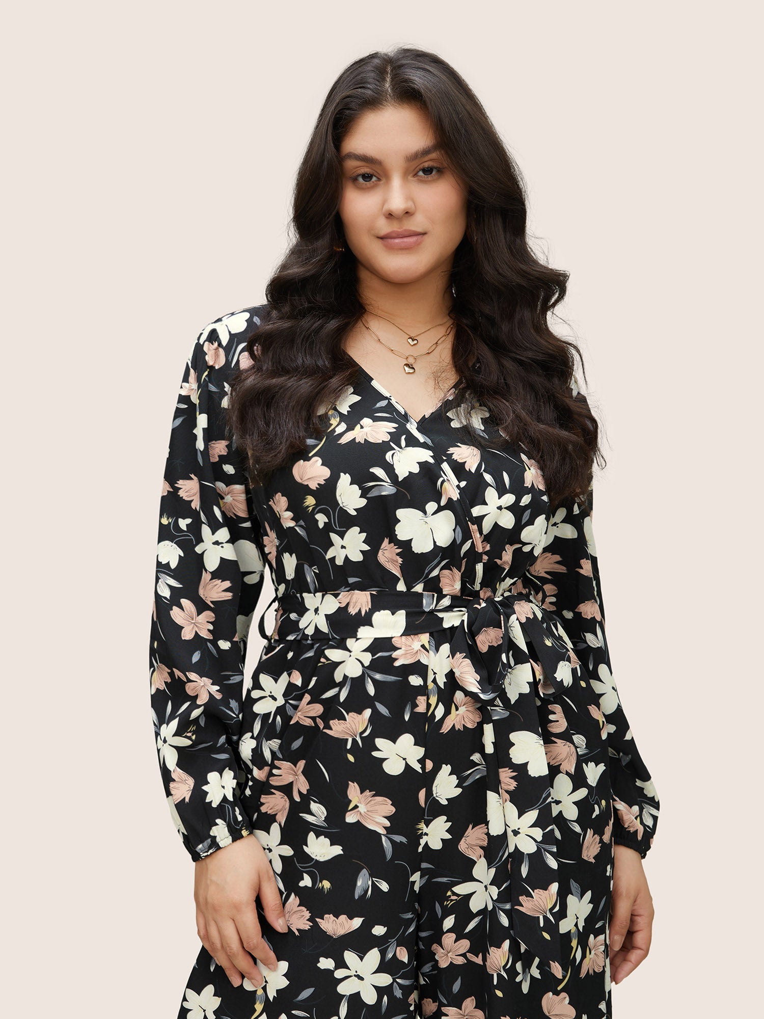 Floral Elastic Waist Belted Wrap Jumpsuit