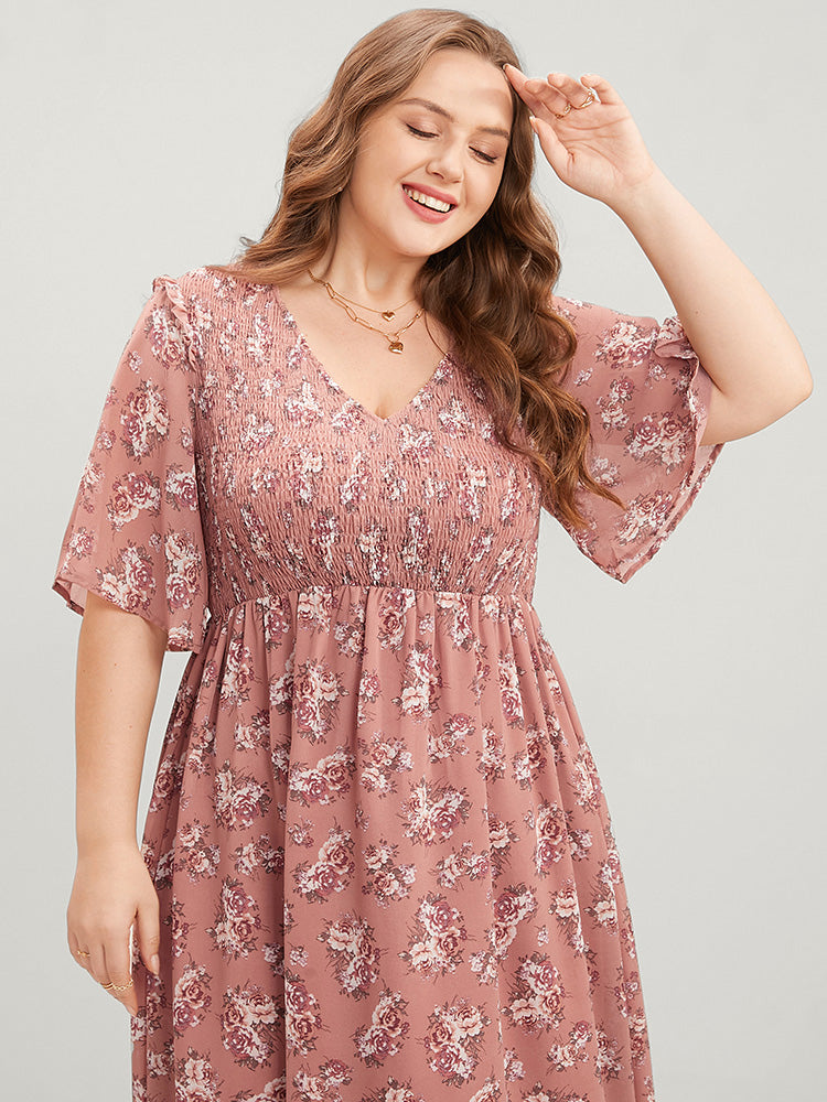 Floral Print V Neck Shirred Pocket Ruffle Dress