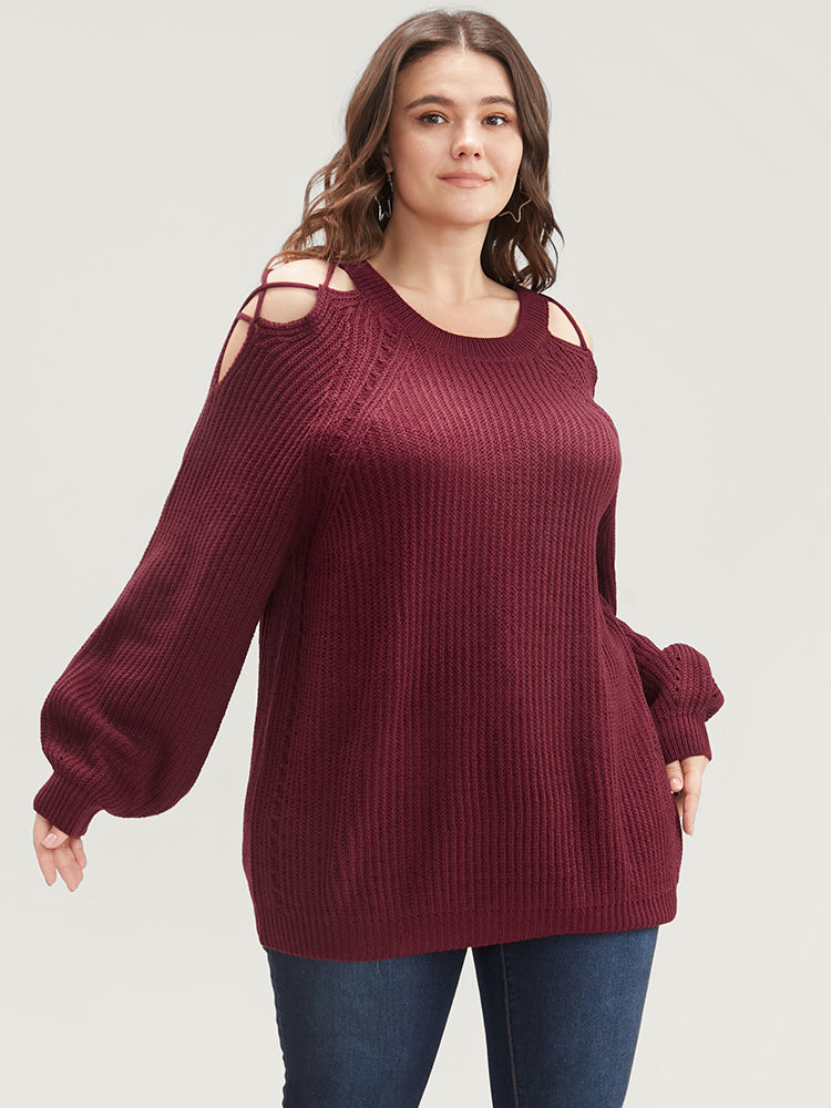 Solid Pointelle Knit Cut Out Lantern Sleeve Knit Top