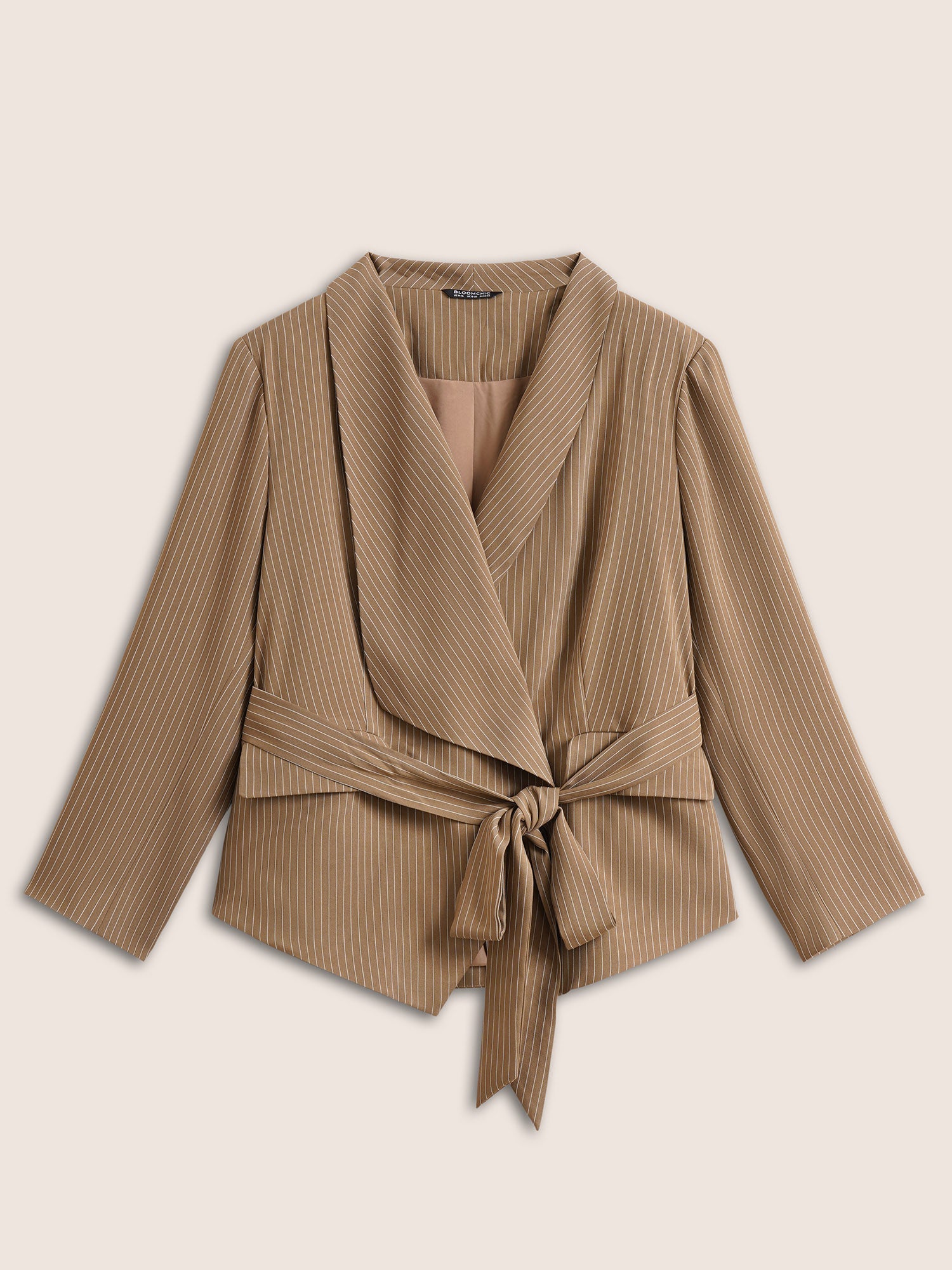 Striped Asymmetrical Hem Belted Flap Pocket Blazer