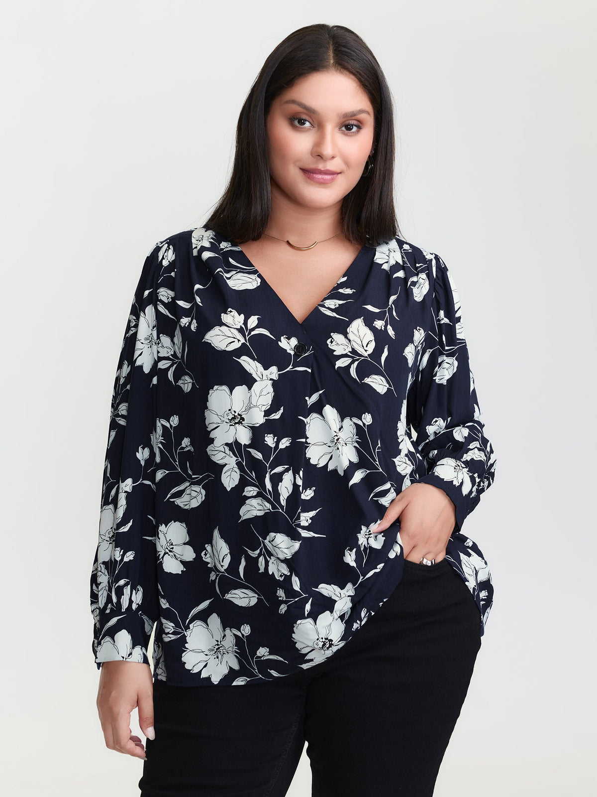 Silhouette Flower Pleated Shoulder Blouse