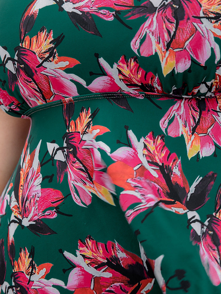 Floral Print A Line Round Neck Ruffle Hem Swim Dress