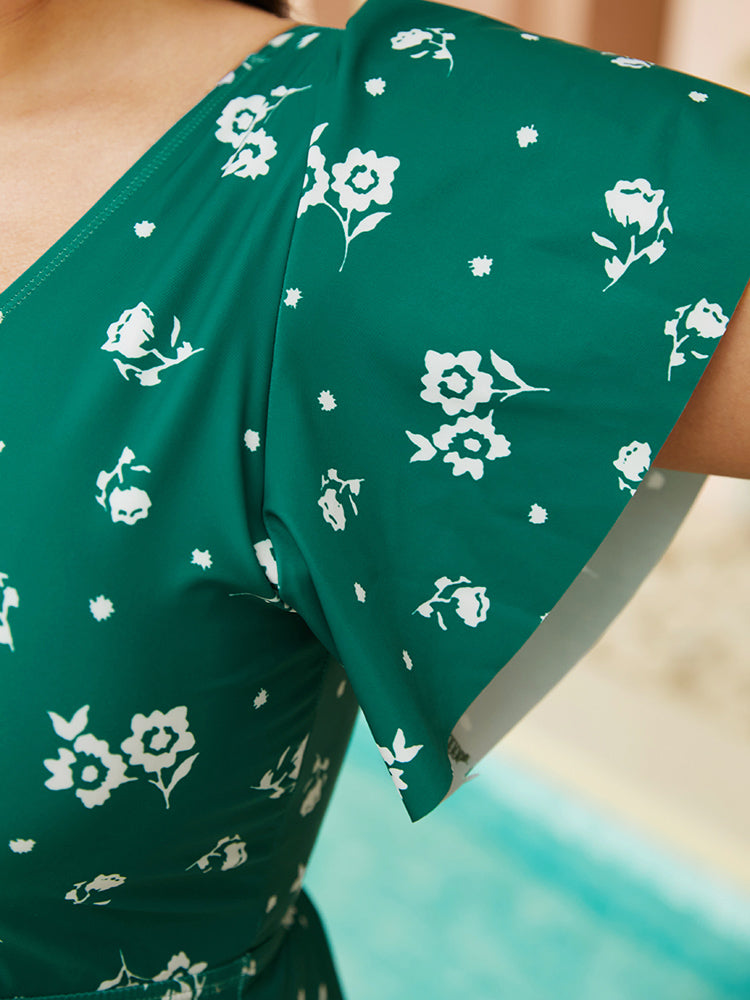 Floral Print V Neck Ruffle Sleeve Tankini Top