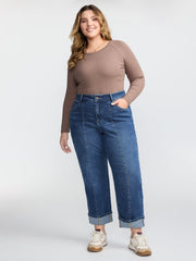 Seamed Rolled Hem Straight-Leg Jeans