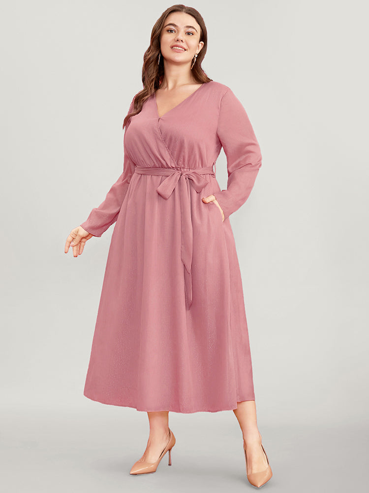 Solid Pocket Belted Surplice Neck Midi Dress