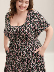 Floral Print Square Neck Straight-Fit Midi Dress