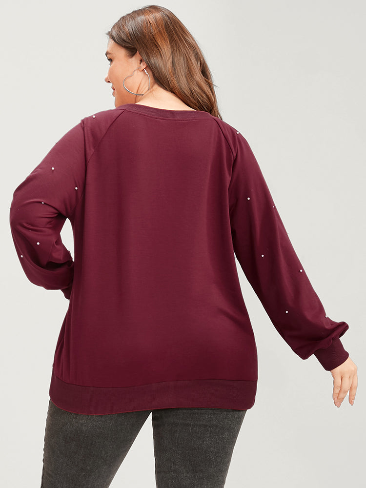 Solid Pearls Beaded Raglan Sleeve Drop Shoulder Sweatshirt