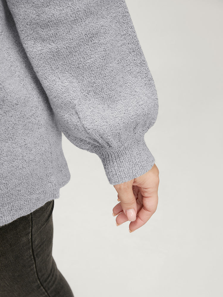 Solid Pointelle Knit Lantern Sleeve Mock Neck Heather Knit Top