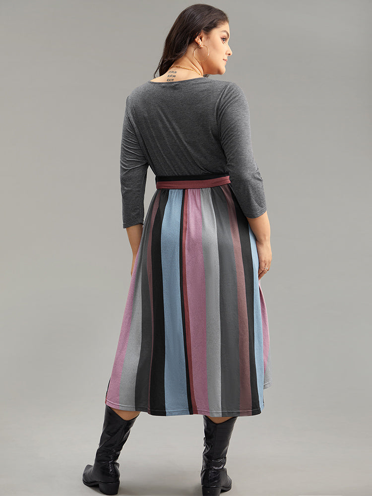 Striped Contrast Patchwork Belted Dress