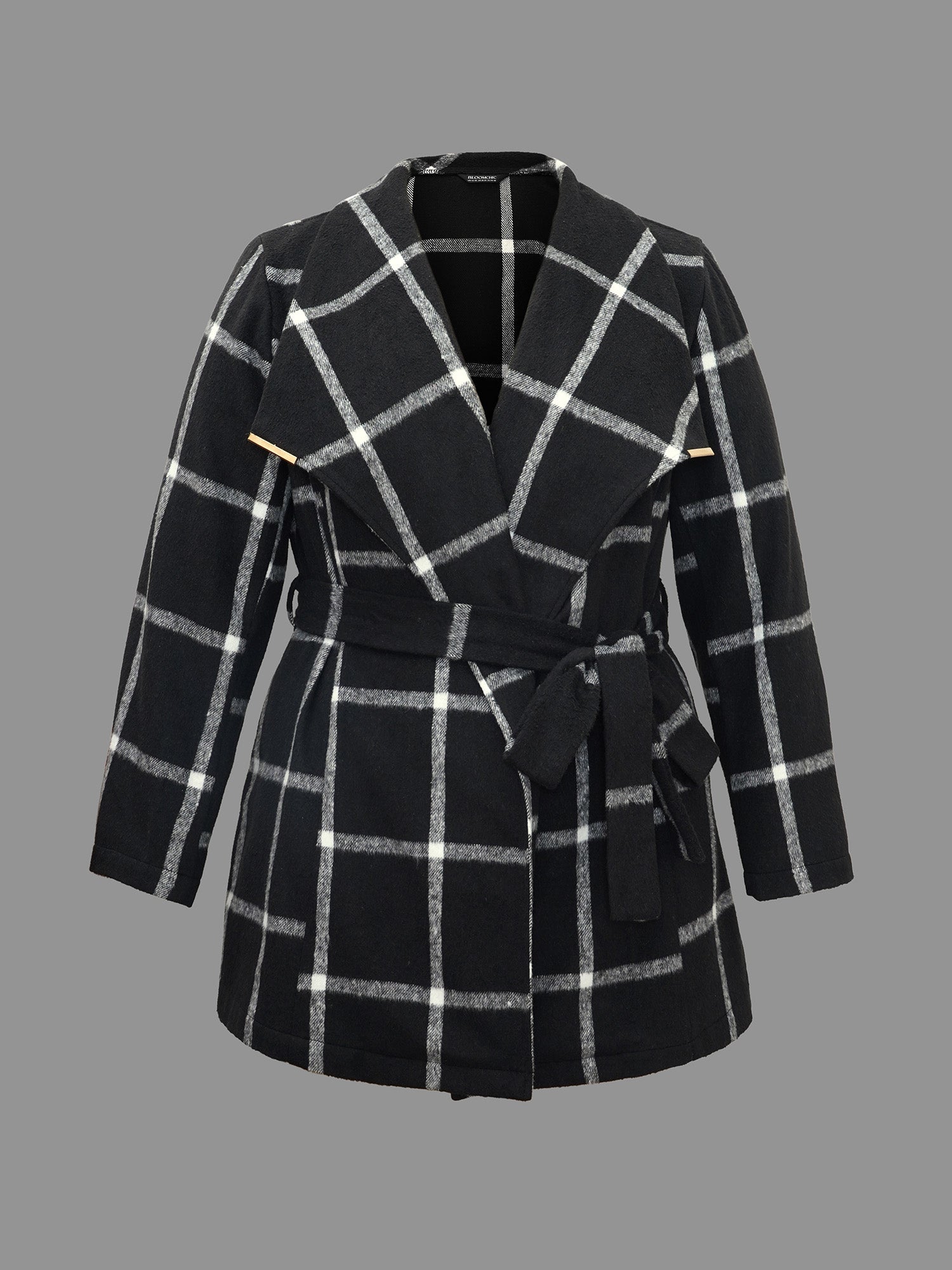 Plaid Lapel Collar Belted Jacket