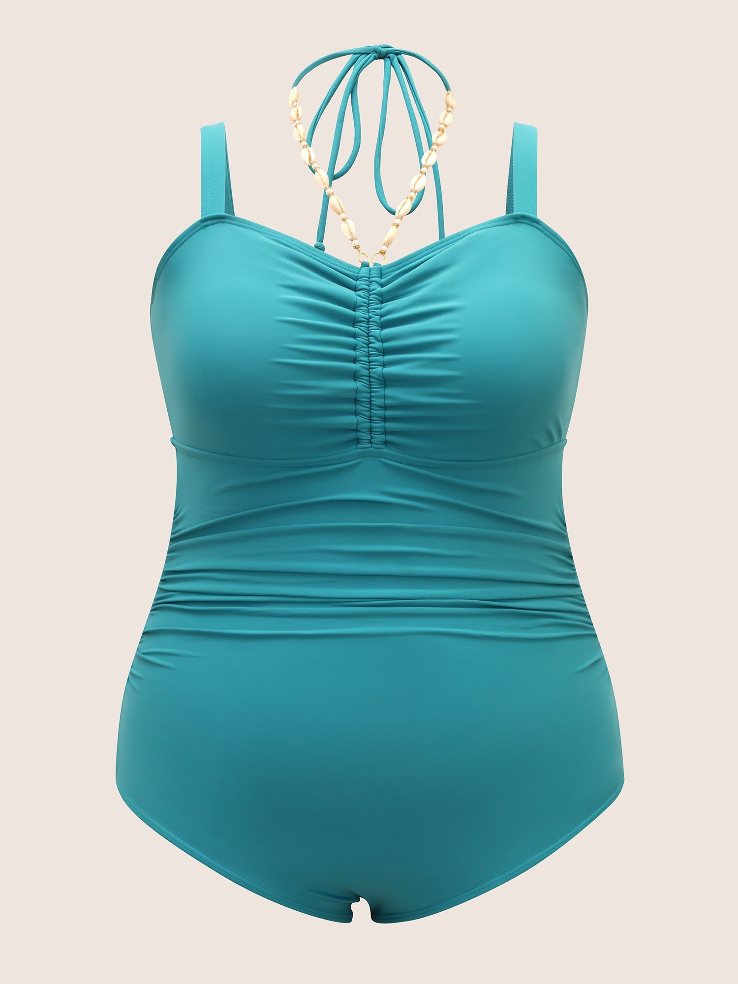 Solid Ruched Shell Chain Detail One Piece Swimsuit